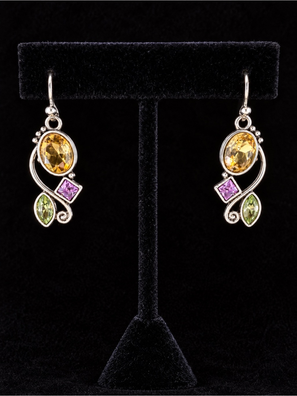 Silver Multistone Drop Earrings with Citrine, Amethyst & Peridot